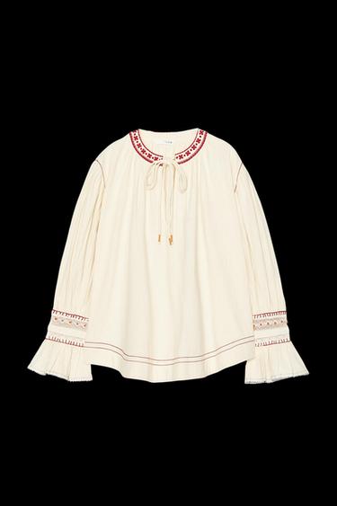 ZW COLLECTION EMBROIDERED SHIRT - Ecru / Maroon by Zara - Image 0