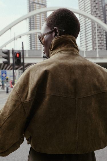 100% LEATHER BOMBER JACKET - Khaki by Zara - Image 5