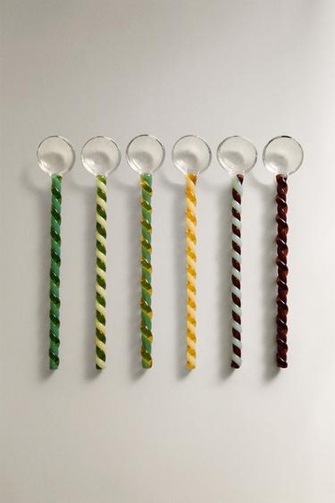 PACK OF MULTICOLOURED GLASS DESSERT SPOONS (PACK OF 6) - Green by Zara