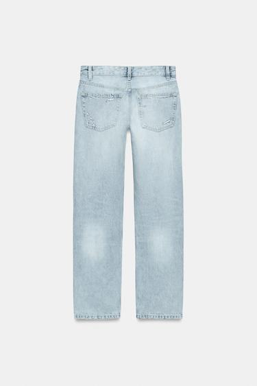Zara TRF LOW RISE RIPPED STRAIGHT LEG JEANS - Light blue