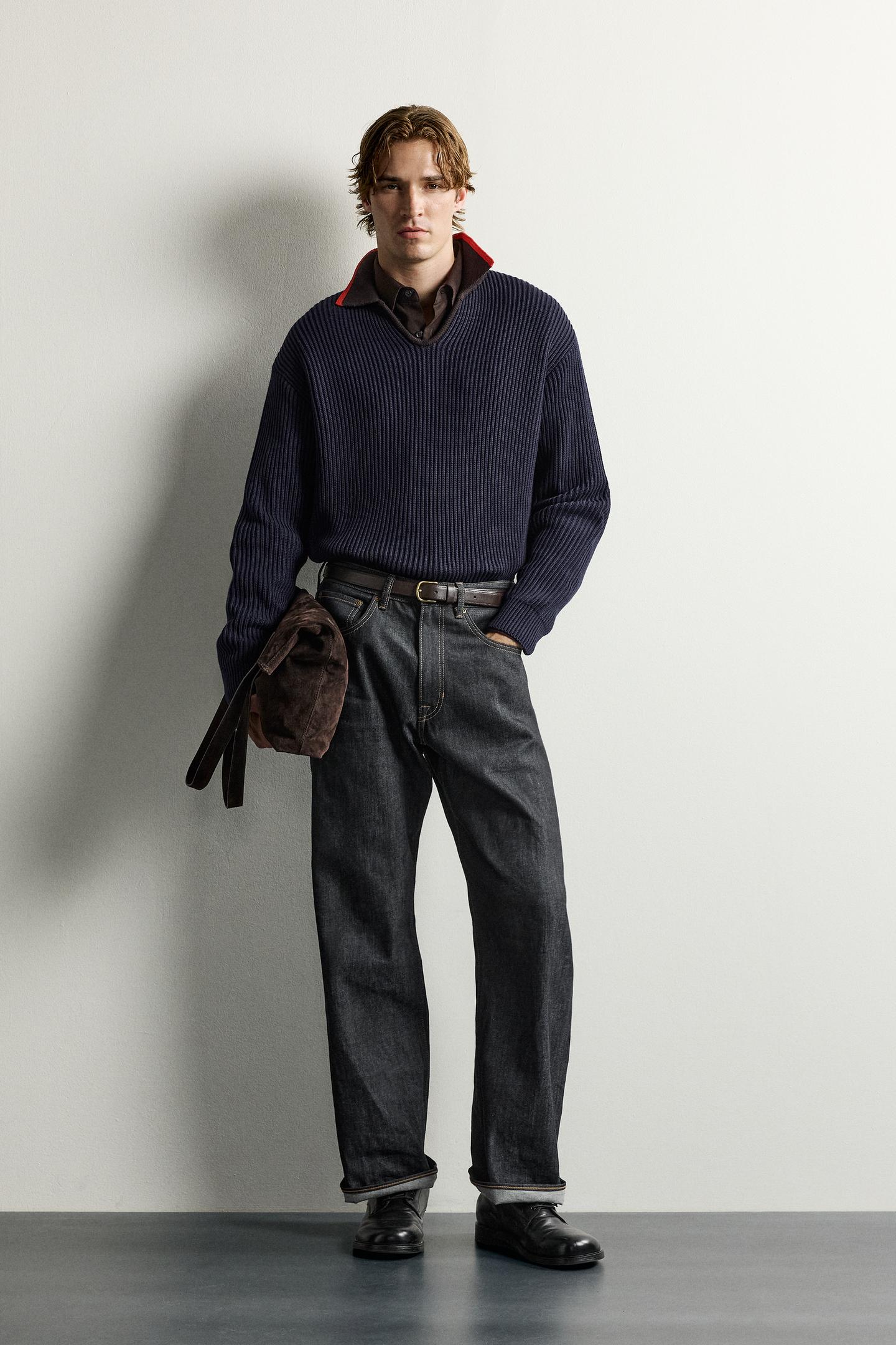 Мужское поло Zara Contrast Collar Knit Polo, цвет: Тёмно-синий — фото 1