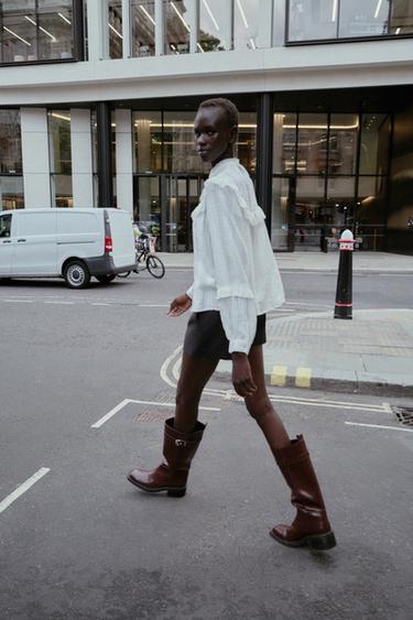 CONTRAST TOPSTITCH KNEE-HIGH BOOTS - Burgundy Red by Zara