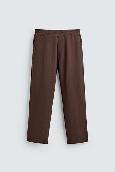STRIPED TEXTURED TROUSERS - Burgundy by Zara