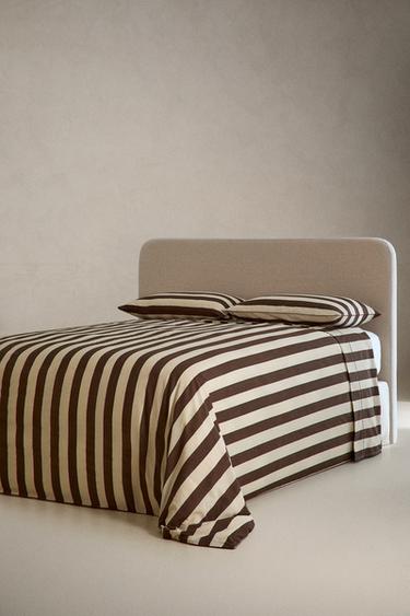 STRIPED WASHED COTTON FLAT SHEET - Brown by Zara - Image 1