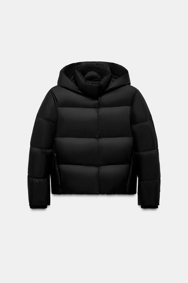 Zara SHORT WATER REPELLENT WINDPROOF PUFFER JACKET WITH HOODIE - Black