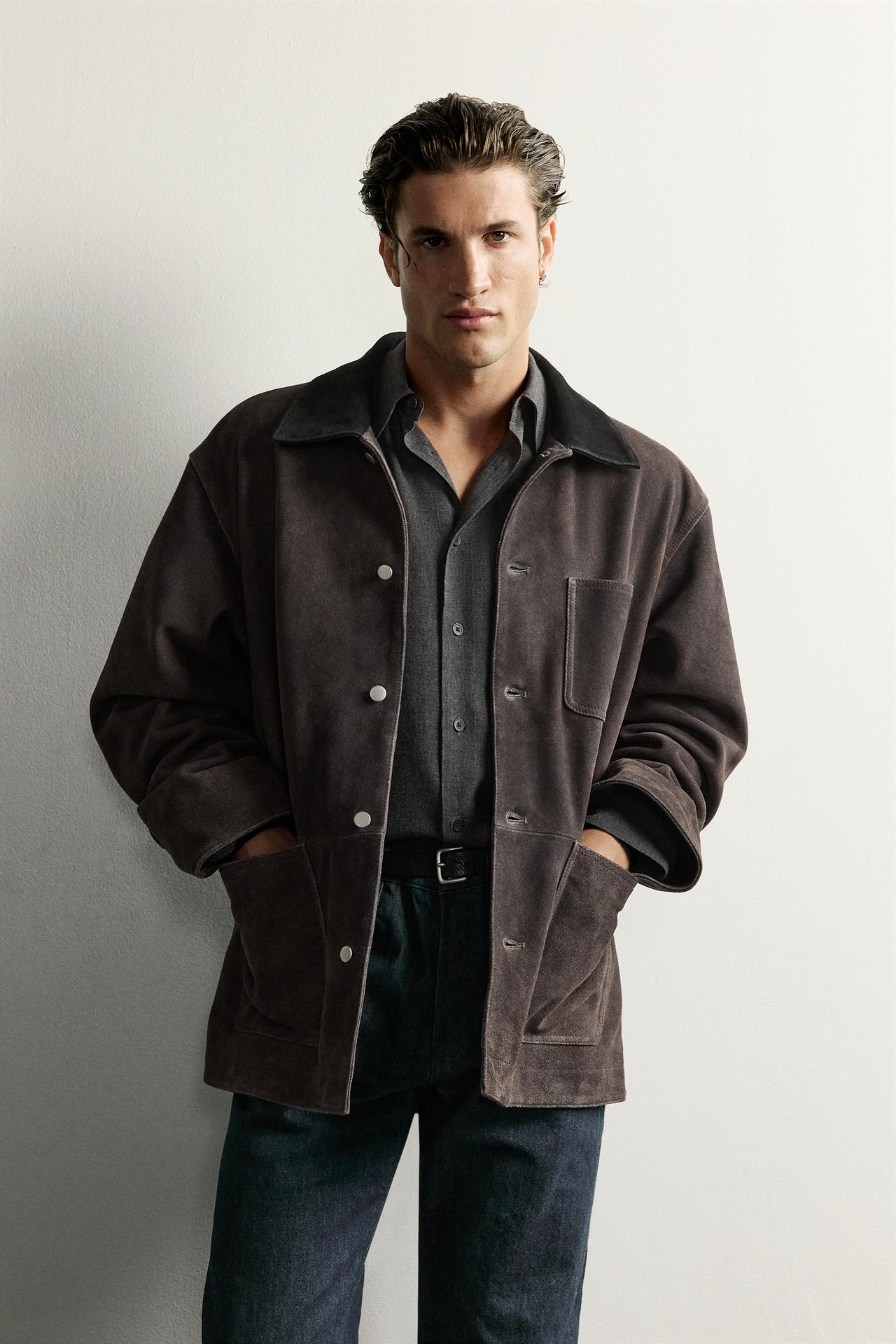 WASHED SUEDE LEATHER JACKET — Anthracite grey