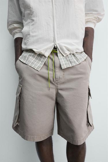 RELAXED FIT CARGO BERMUDA SHORTS WITH DRAWSTRING - stone by Zara