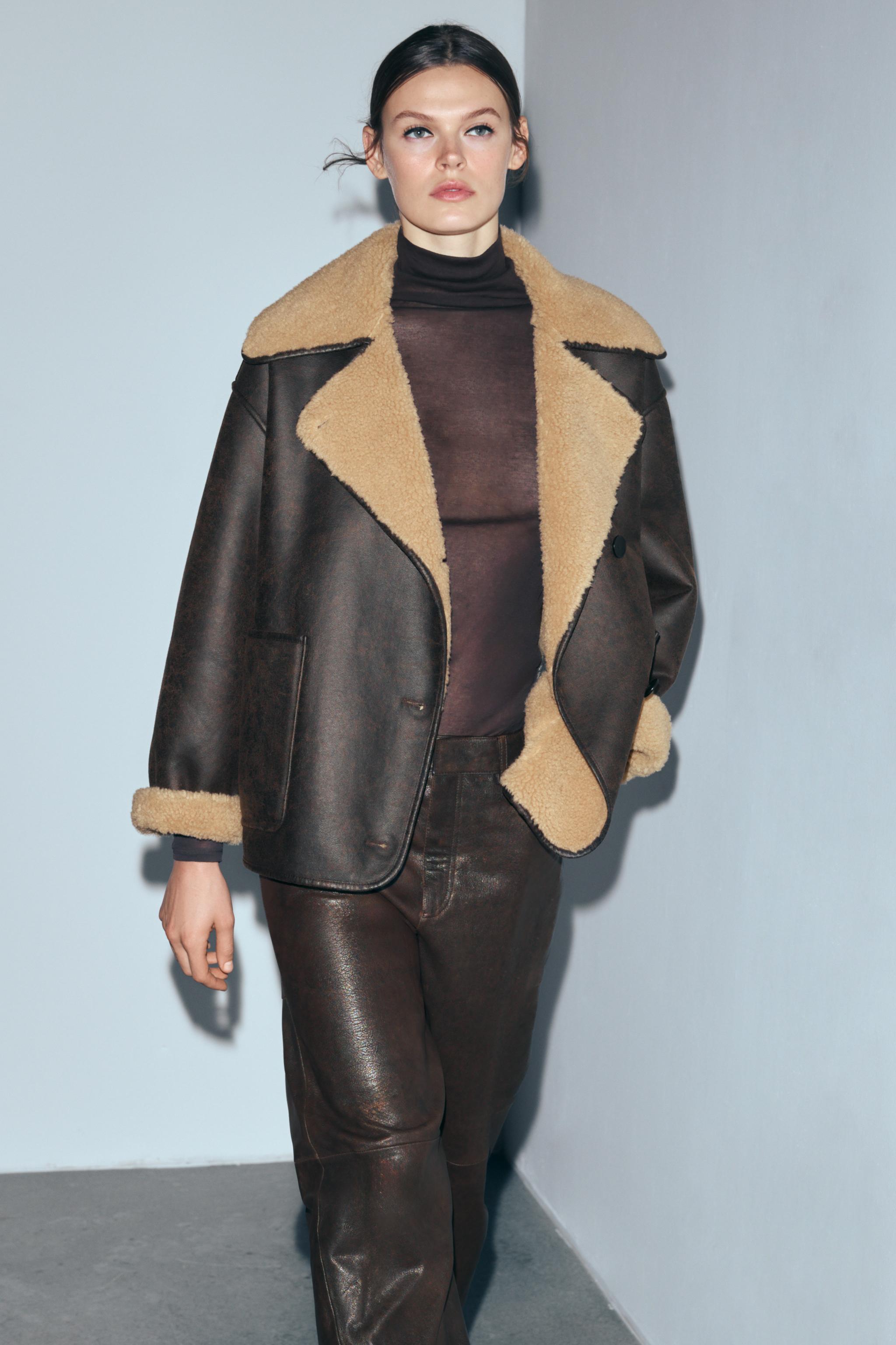 ZARA ボア　ジャケット　ブラウン　XL フライトジャケット　ブルゾン ZARA mouton jacket スエード ムートン ジャケット ボア ZARA ブラウン