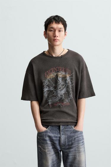 Zara SPRAY PRINT KNIT T-SHIRT - Brown