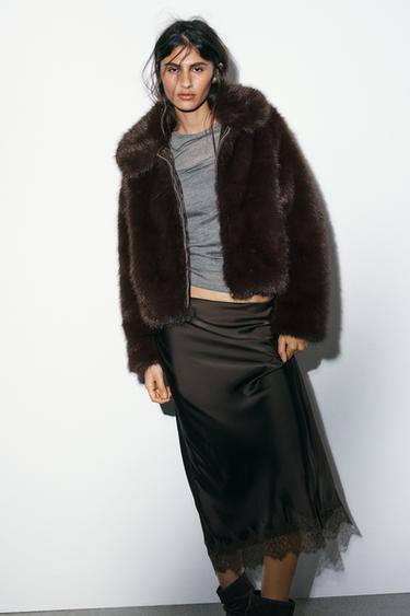 LACE SATIN MIDI SKIRT - Chocolate brown by Zara