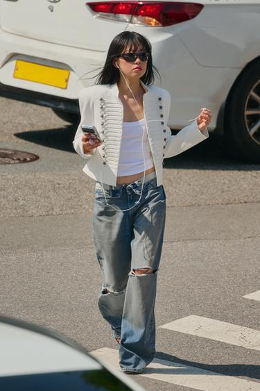 JEAN TRF TAILLE MI-HAUTE À CEINTURE PLIÉE - Bleu de Zara