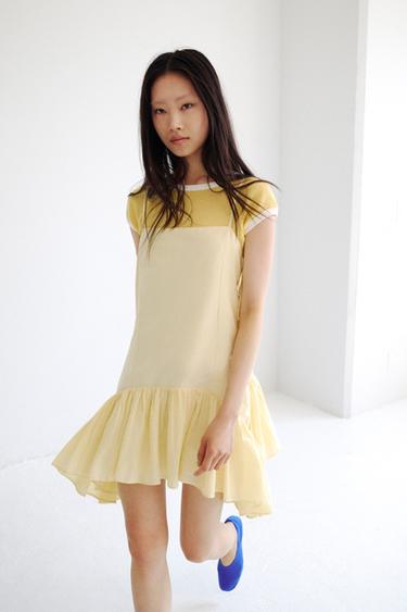 POPLIN DRESS WITH LACE-UP RUFFLES - Light yellow by Zara