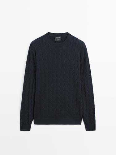 Pull en maille tressée de coton - Bleu marine de Zara