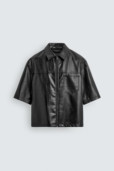 Zara RELAXED FIT FAUX LEATHER OVERSHIRT - Black