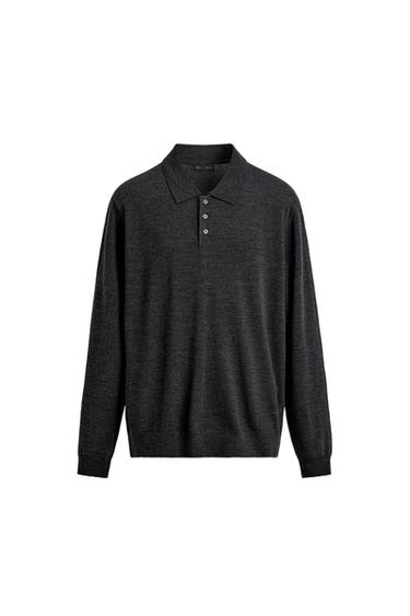 Front view of an anthracite grey polo shirt with a lapel collar, front button placket, and long sleeves. Ribbed trims.