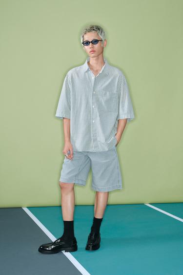 Zara 牛仔休閒褶襉百慕達短褲 - 天藍色