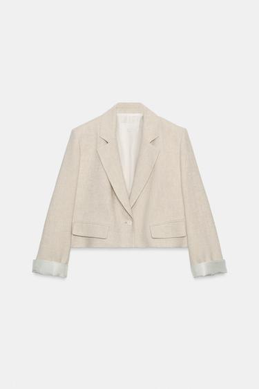 SHORT LINEN BLEND BLAZER WITH SHOULDER PADS - Light beige by Zara