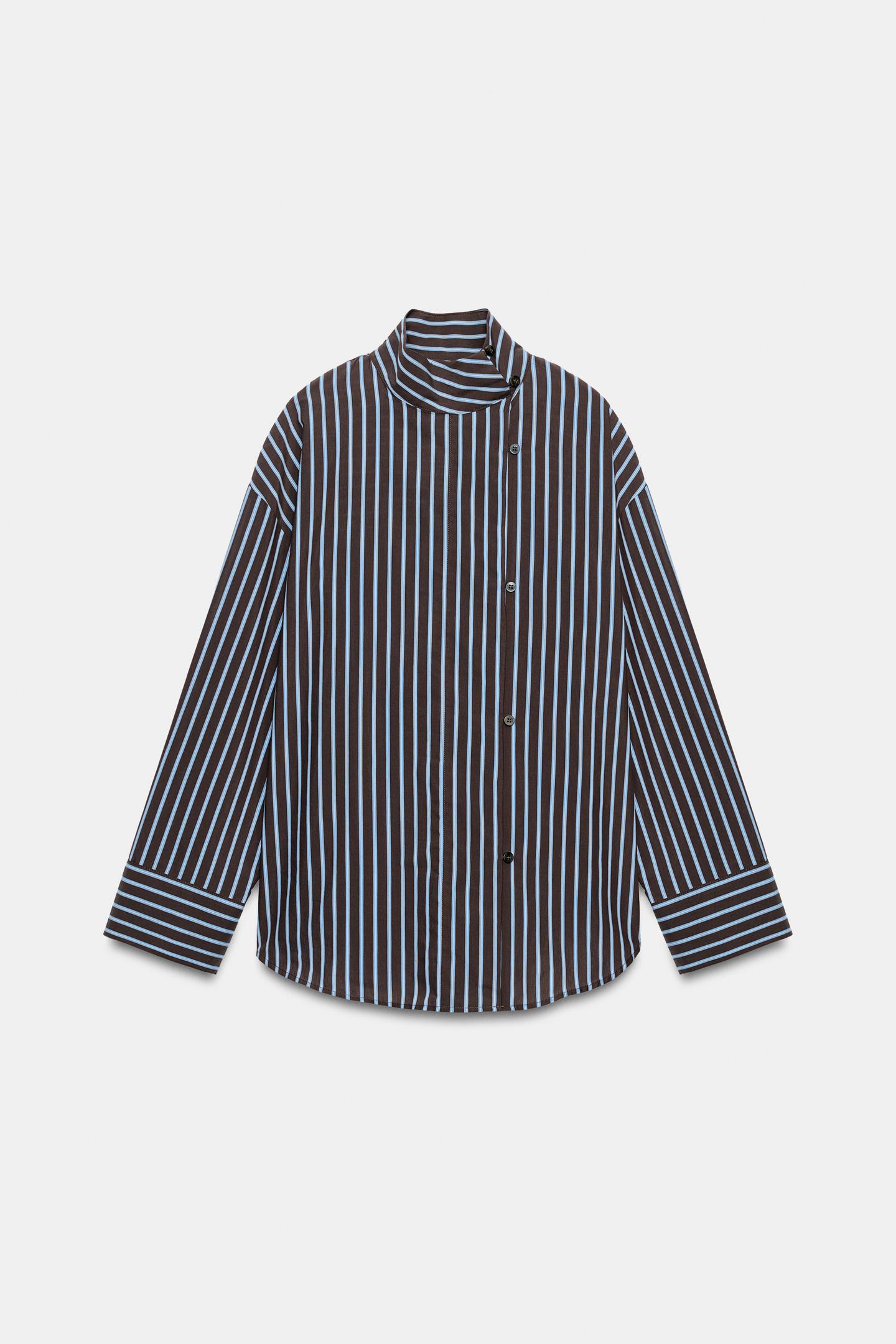 Женская рубашка Zara Striped High Neck, цвет: Коричневый синий — фото 7