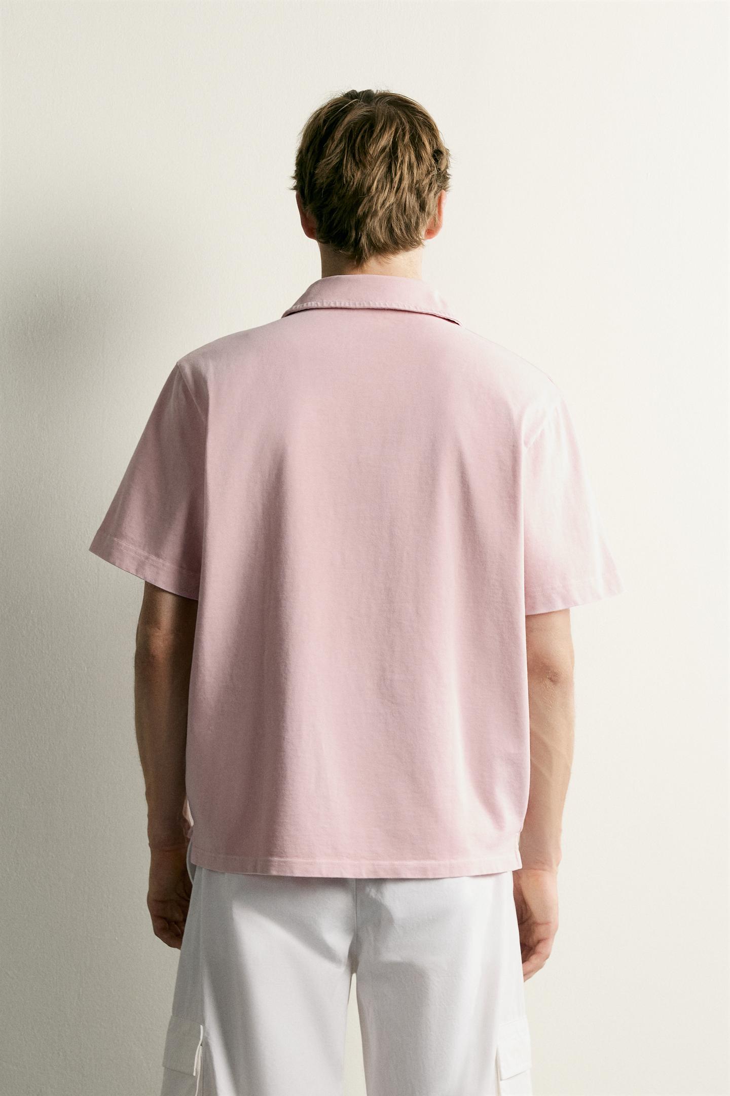 Мужское поло Zara Regular Fit Textured Polo, цвет: Розовый / Белый — фото 3