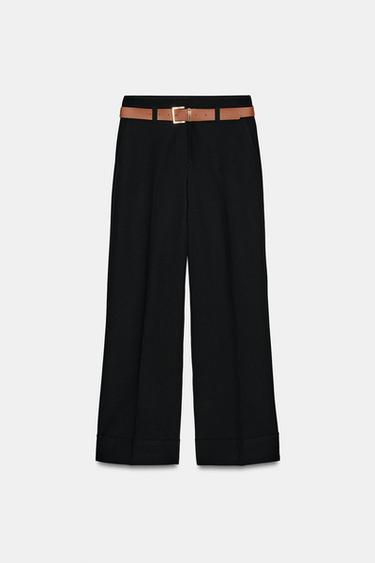 Zara BELTED CUFFED HEM PANTS - Black