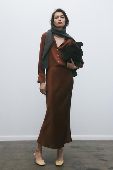 Zara SATIN EFFECT MIDI SKIRT - Dark brown