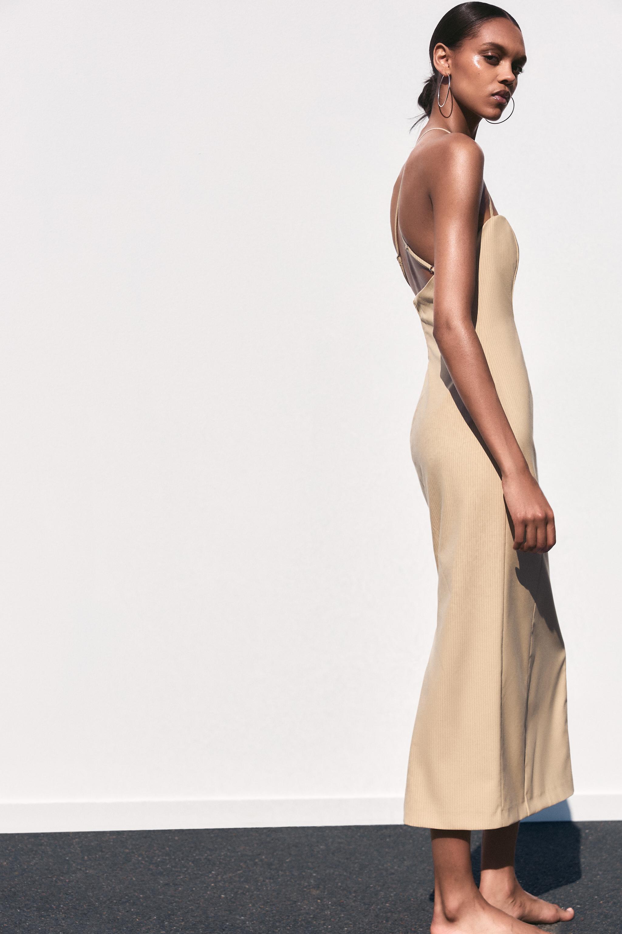 【ZARA】ピンストライプ ミディワンピース 4661/372/088 PINSTRIPE MIDI DRESS - Sand / Black | ZARA United States