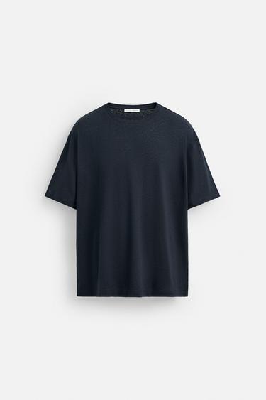 LINEN - COTTON T-SHIRT - Navy blue by Zara