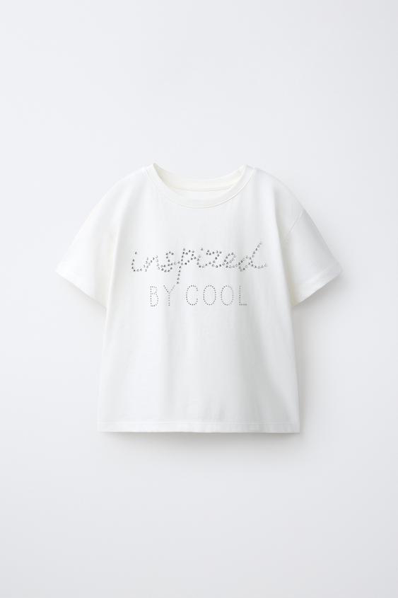 CAMISETA TEXTO STRASS - Blanco roto de Zara - Imagen 0