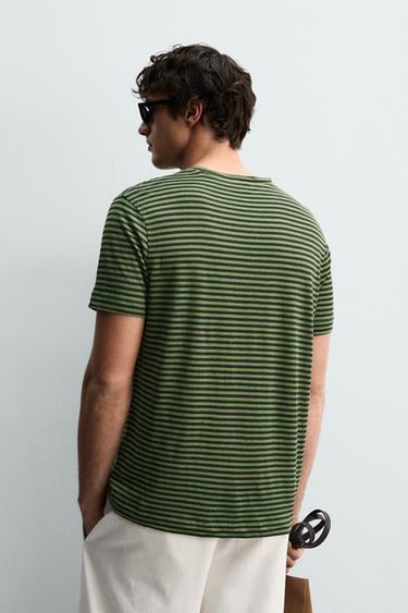 TEE-SHIRT REGULAR FIT RAYURES LIN - Marron / Vert de Zara - Image 2