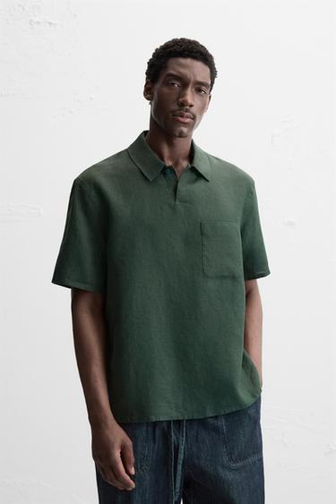 CHEMISE POLO 100 % LIN - Vert bouteille foncé de Zara