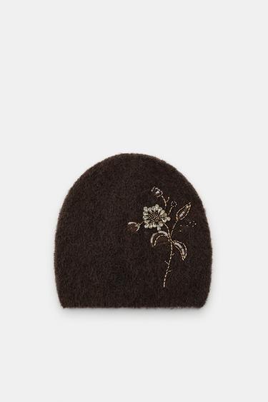 KNIT BEANIE WITH FLORAL BEADING - Brown by Zara