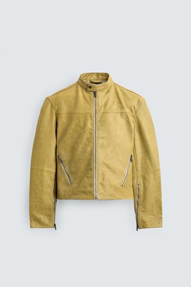Zara WASHED LEATHER CROPPED FIT JACKET - Yellow