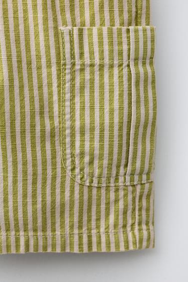 STRIPED COTTON LINEN BERMUDA SHORTS - Ecru / Green by Zara - Image 3