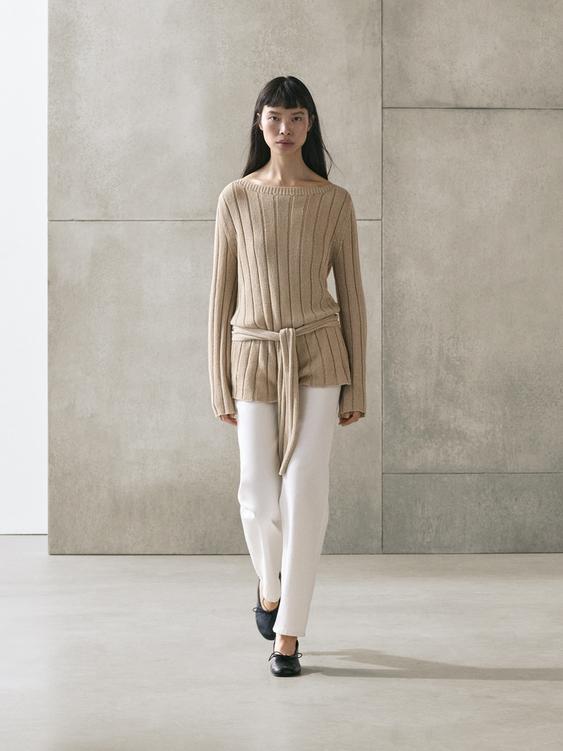 Cotton blend knit boat neck sweater