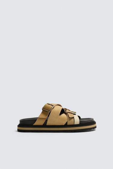 Zara HAIRY LEATHER SANDALS - Beige