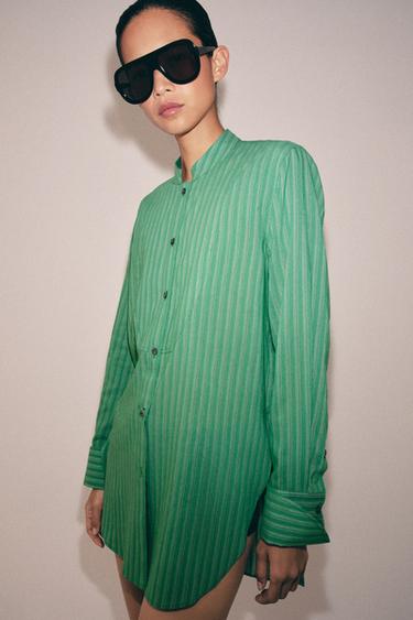 Zara ZW COLLECTION STRIPED BIB SHIRT - Green - Image 0