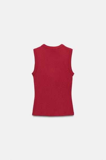 T-SHIRT EN COTON COL EN V - Rouge de Zara - Image 3