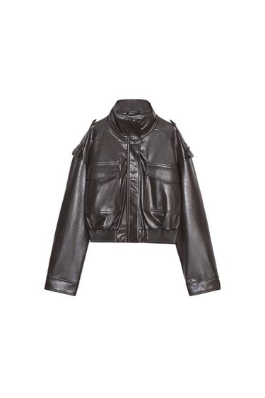 BLOUSON COURT MATIÈRE SYNTHÉTIQUE - Gris taupe de Zara