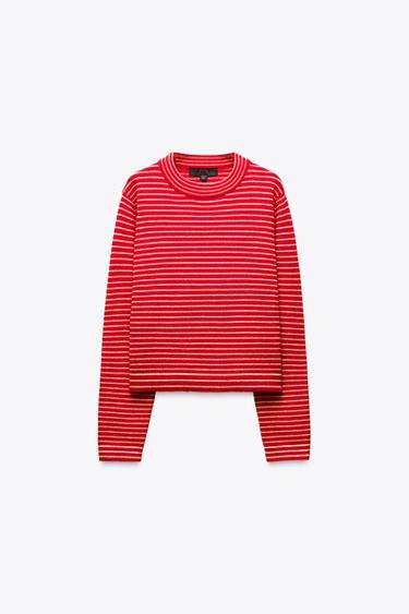 Zara SHORT STRIPED KNIT SWEATER - Red / White