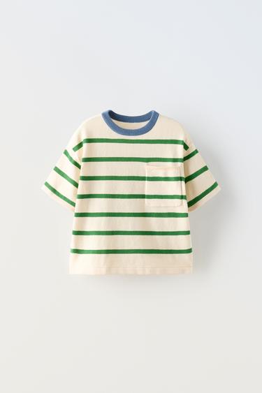 CAMISETA RAYAS CONTRASTE - Crudo / Verde de Zara