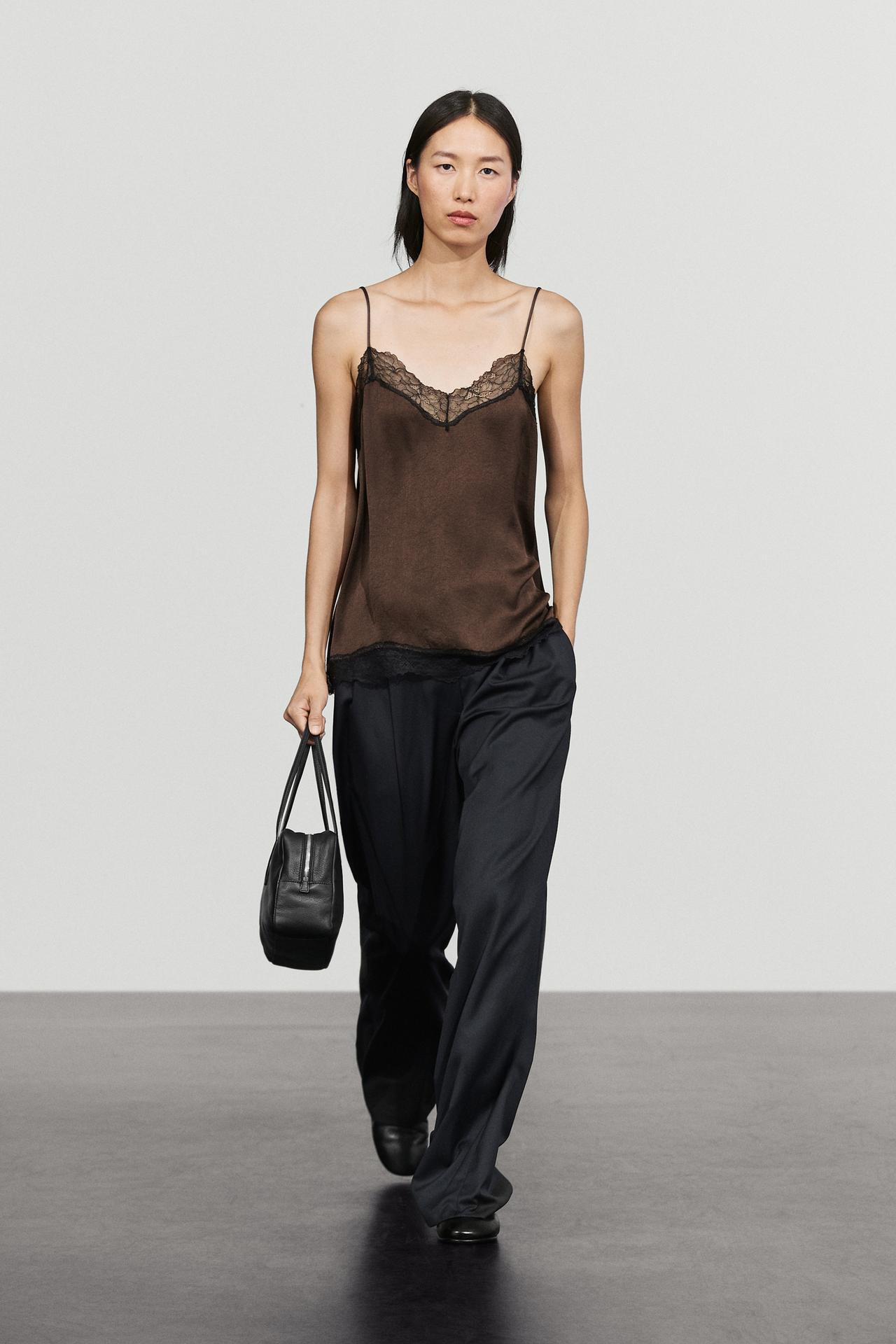 Contrast lace camisole top — Brown marl