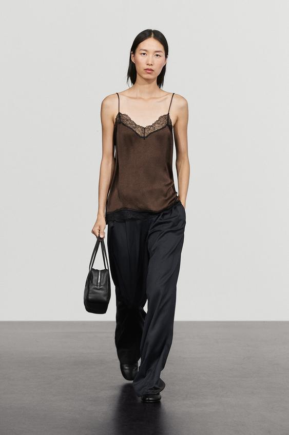 Zara Contrast lace camisole top - Brown marl - Image 0