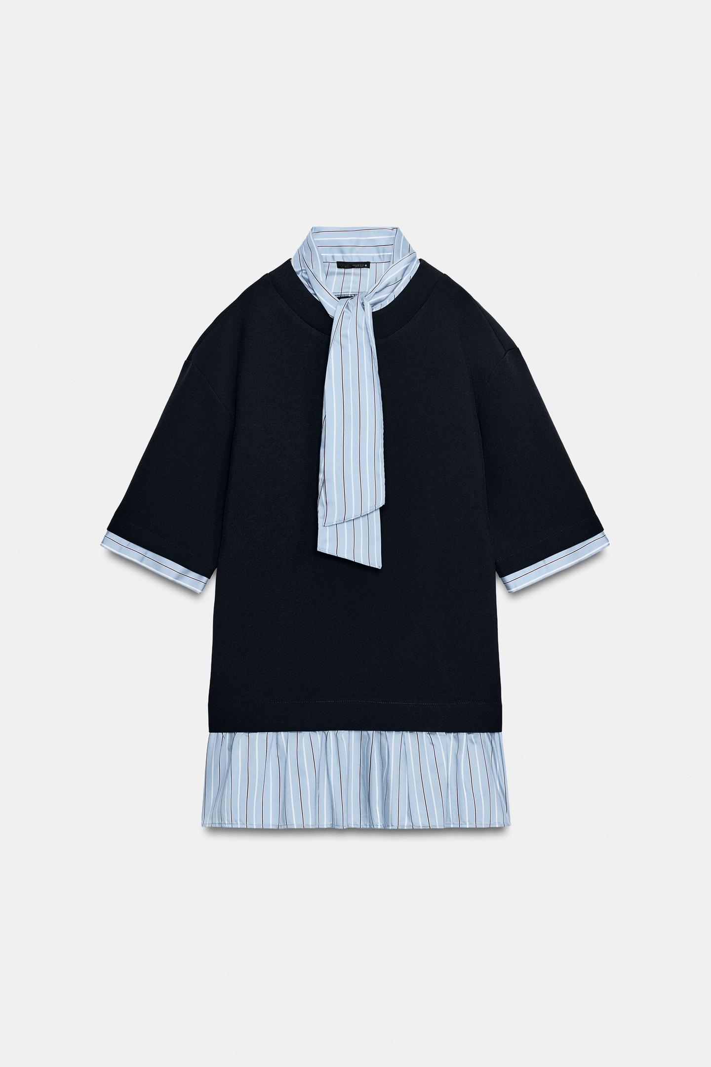 Женское платье Zara Contrast Tie-Detail Mini, цвет: Тёмно-синий — фото 10