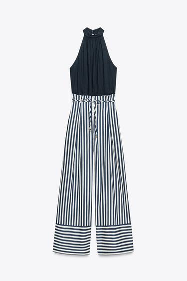 LINEN BLEND LONG JUMPSUIT - Blue/White by Zara