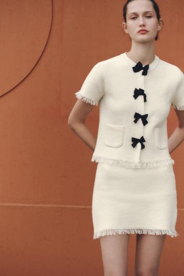 KNIT JACKET WITH TIES AND FRAYED TRIMS - Ecru by Zara