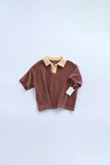 Zara CONTRAST COLLAR TERRY POLO SHIRT - Terracotta