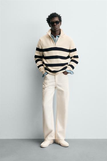 PERLESTRIK SWEATER MED KRAVE OG LYNLÅS - hvid/marine fra Zara - Billede 0