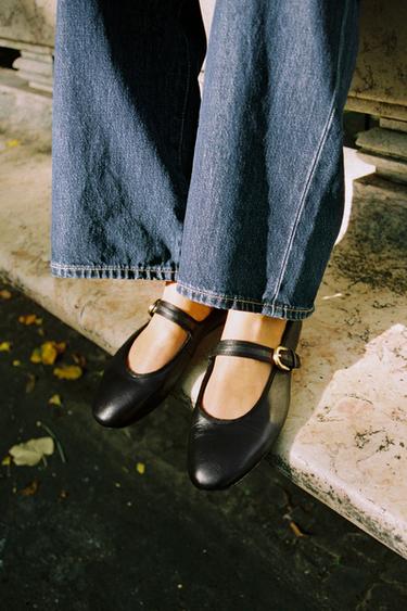 FLAT LEATHER BALLET FLATS - Black by Zara