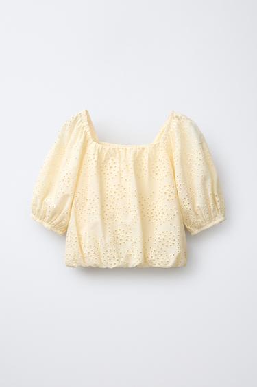 SCHIFFLI EMBROIDERY BALLOON TOP - Butter by Zara