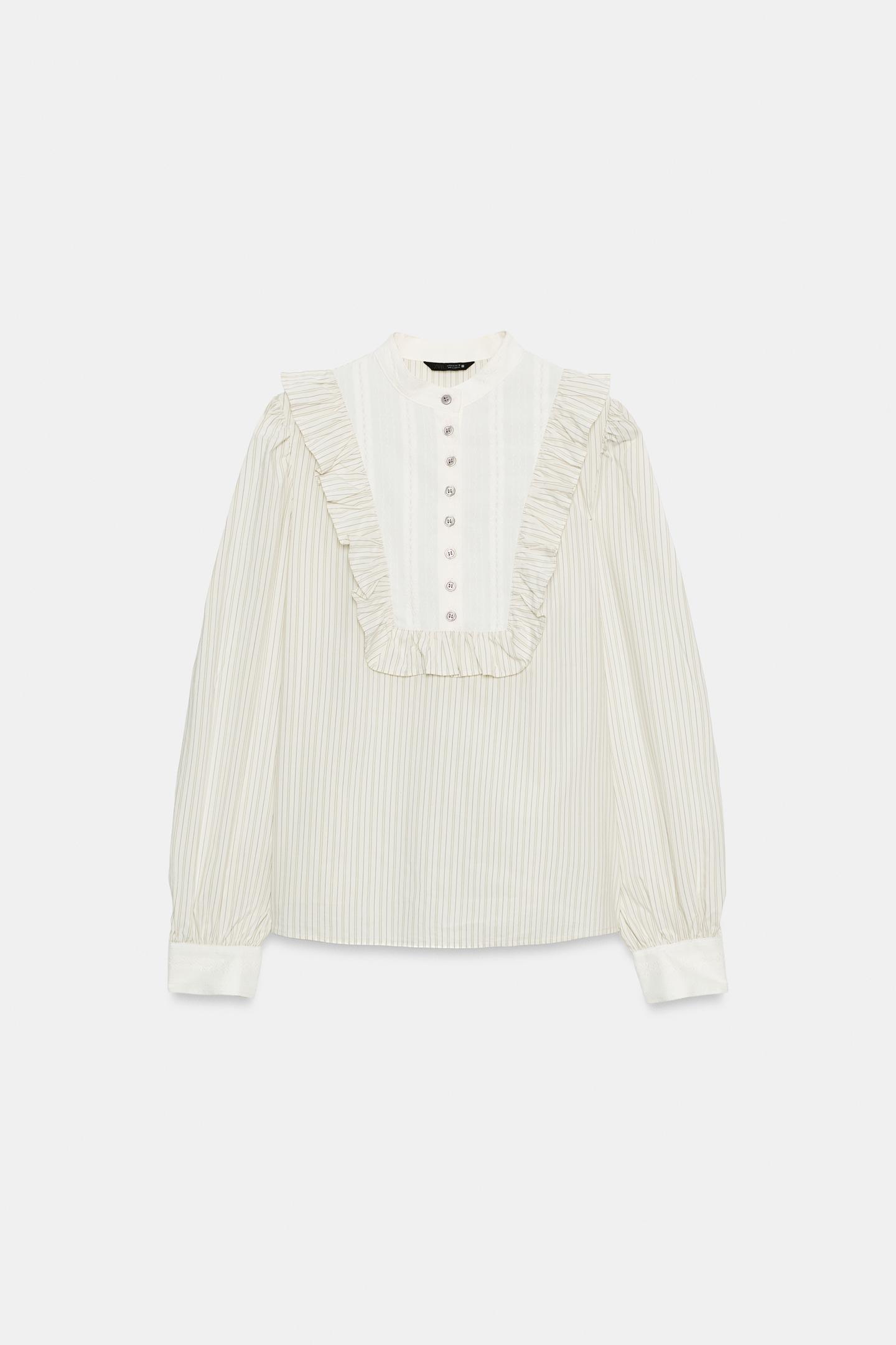 Женская блузка Zara Striped Ruffle, цвет: Экрю / Бежевый — фото 6